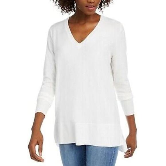 Maison Jules Sweater WMNS XS Cream Tunic V-Neck Pullover Hi-Low Ribbed Soft Cozy - Picture 1 of 8
